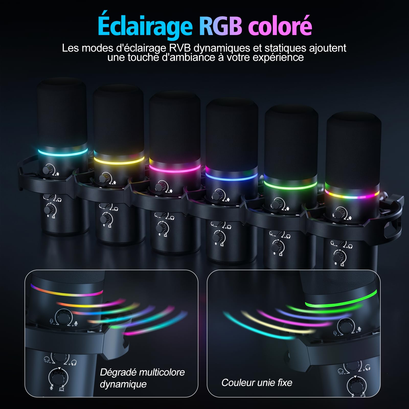 Microphone Gaming XLR/USB avec Perche, Microphone Dynamique avec Mise en Sourdine Instantanée, Contrôle du Gain et Prise Casque, Microphone RGB pour Podcast, Streaming, Enregistrement et Chant