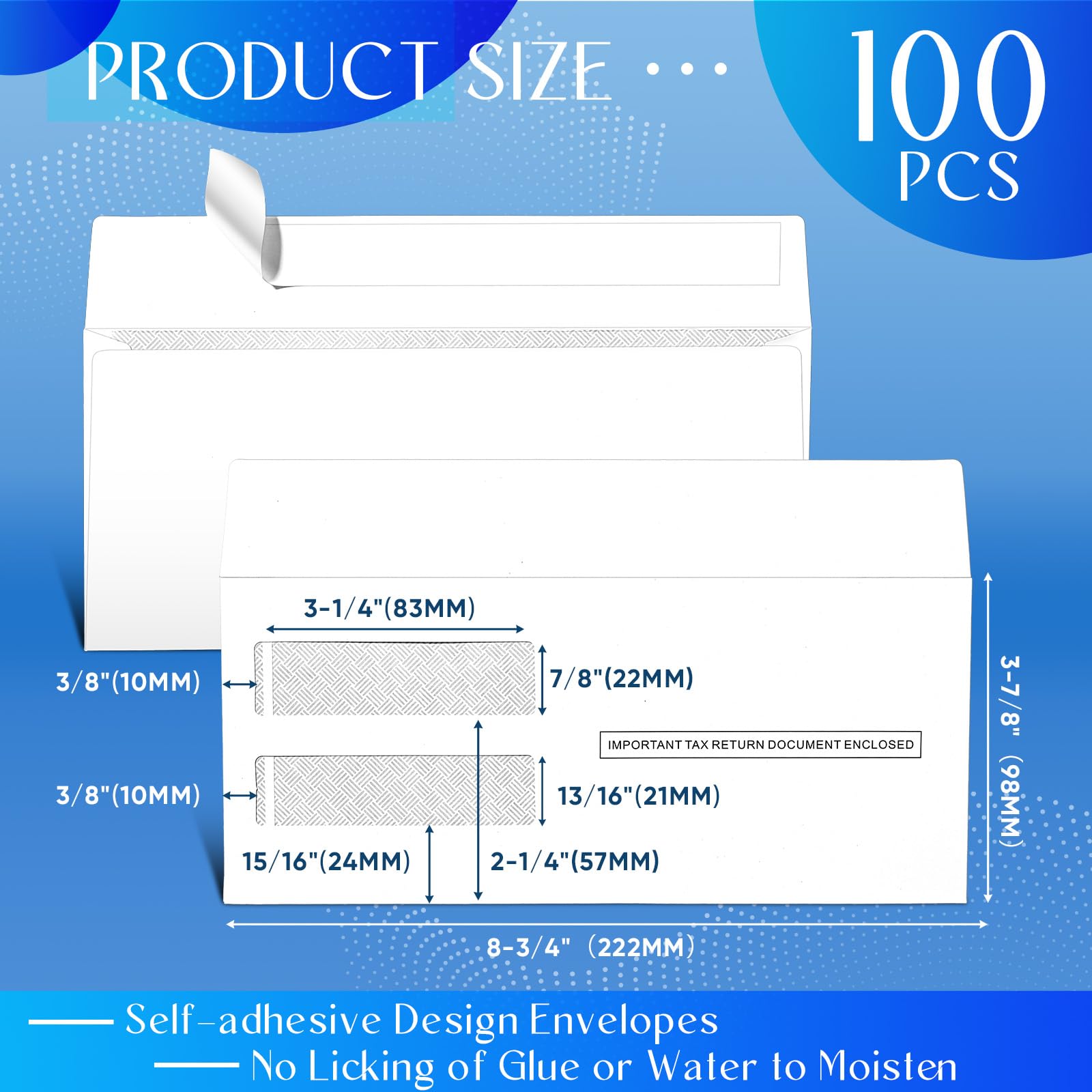Sayglossy 100 sobres W2 de impuestos, sobres autoadhesivos de doble ventana (8-3/4 x 3-7/8 pulgadas)