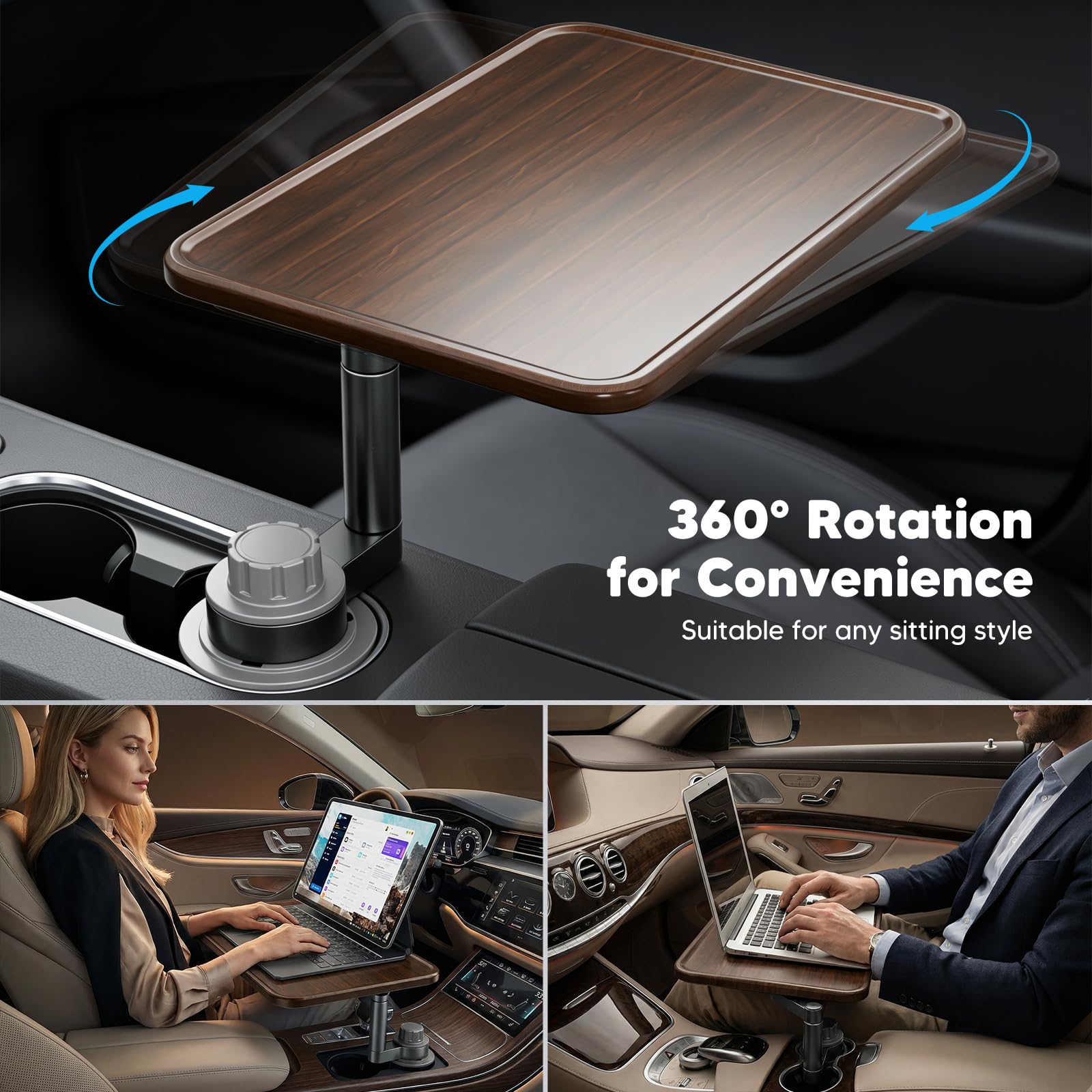 Support de bureau pour ordinateur portable, table porte-gobelet pivotante à 360° Support en bois pour, table et plateau repas pour voiture Compatible avec les modèles la plupart des véhicules