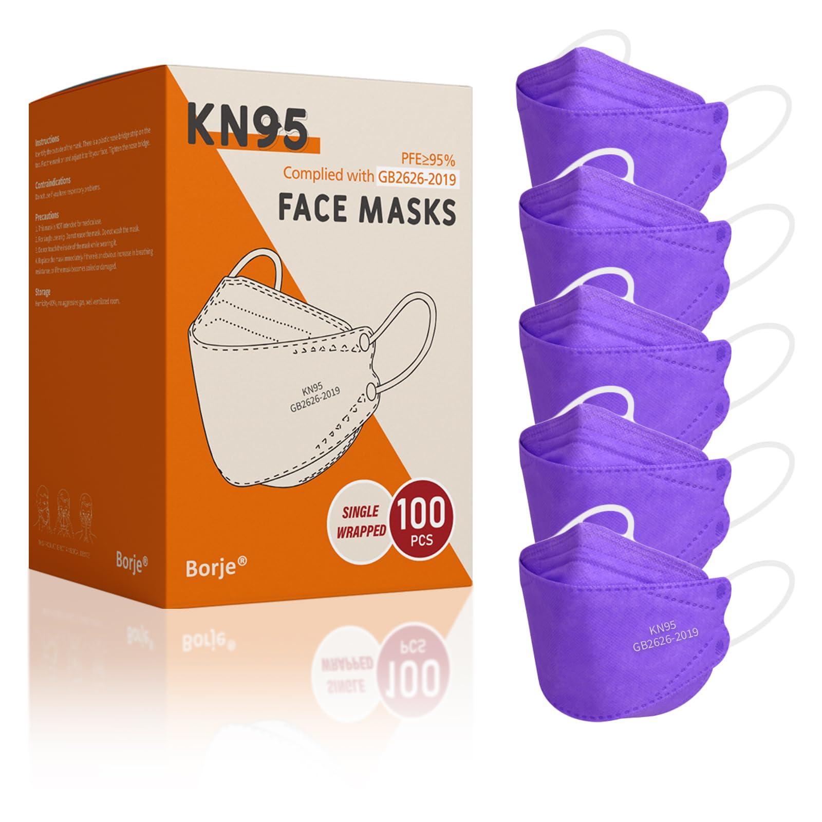 Borje KN95 Face Masks, 100 Pcs Disposable Face Masks, Purple Mask Against PM2.5 from Fire Smoke & Dust Filter Efficiency 95%