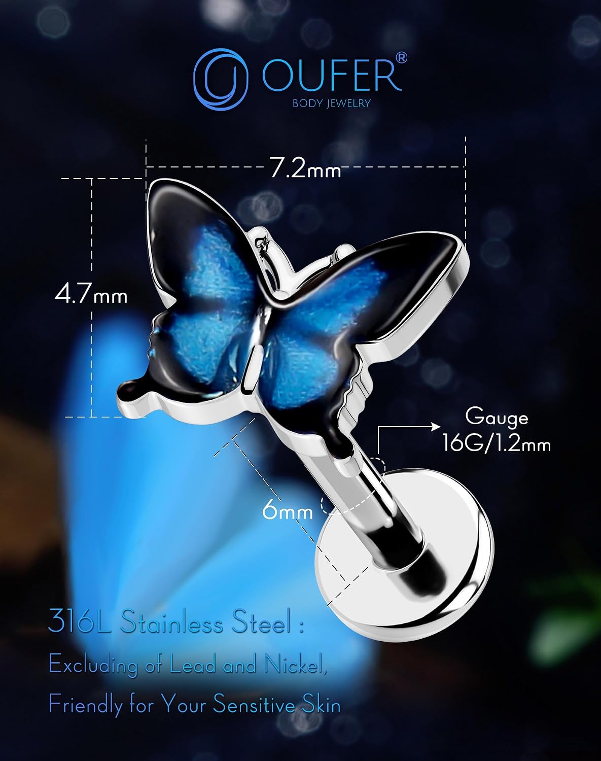 OUFER Butterfly Tragus Piercing Jewelry, 16G Flat Back Earrings Surgical Steel, Internal Thread Labret Lip Piercing Jewelry, 6MM Helix Cartilage Tragus Conch Healing Daith Earrings for Women-Blue/Pink image 5