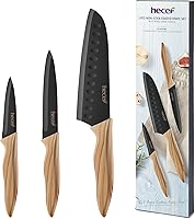 hecef Vintage 3-Piece Kitchen Knife Set: Sharp Non-Stick Stainless Steel Santoku, Utility & Paring Knives