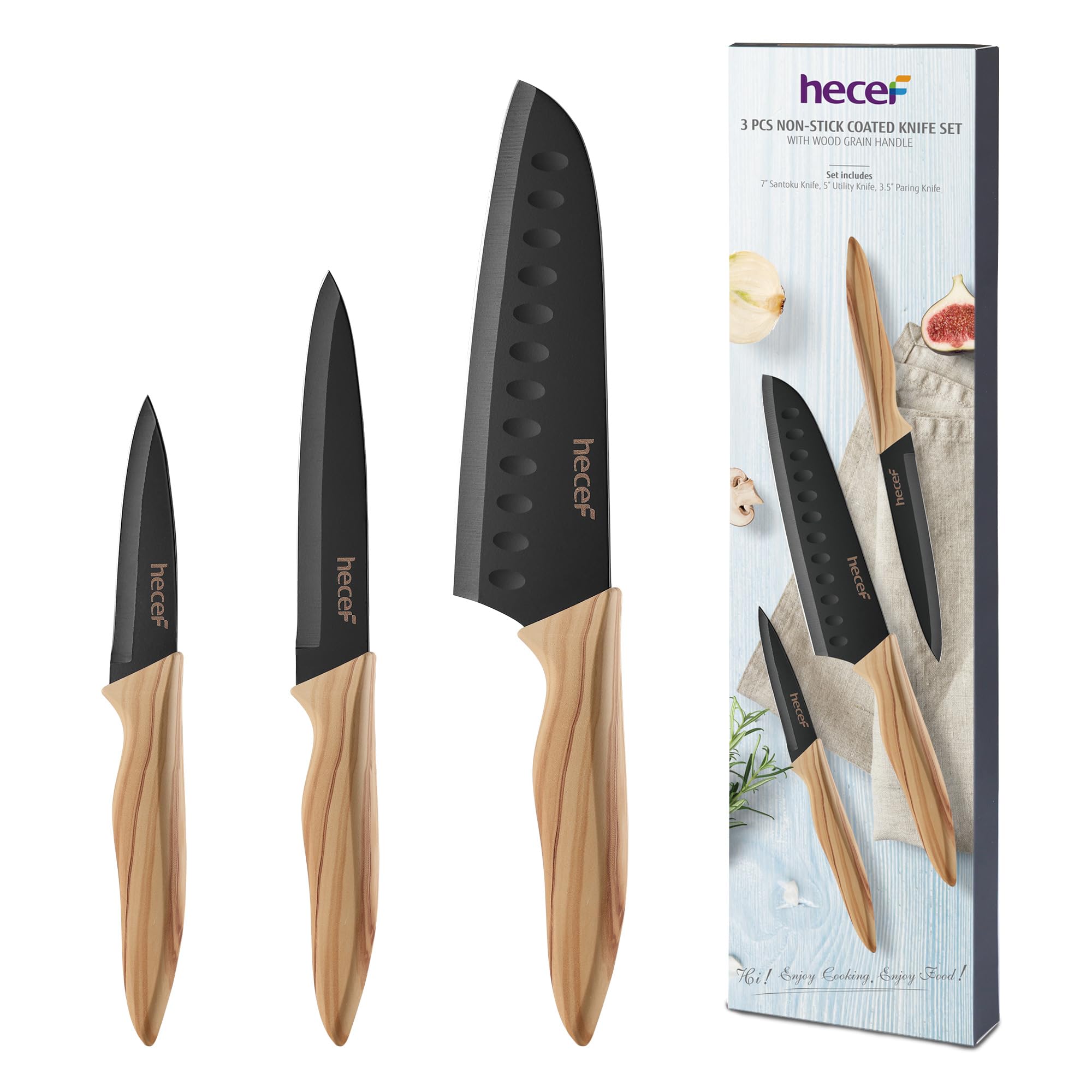 hecef 3-częściowy zestaw noży kuchennych ze stali nierdzewnej, miękka rękojeść Soft-Touch – nóż Santoku, uniwersalny i do obierania, profesjonalne, bardzo ostre, łatwe do czyszczenia