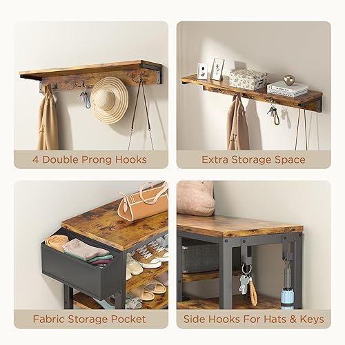 Miniatura 22 de Aiho Árbol de pasillo con banco de zapatos, industrial 4 en 1, perchero con 4 ganchos, 5 cubos de almacenamiento, para entrada, pasillo, color