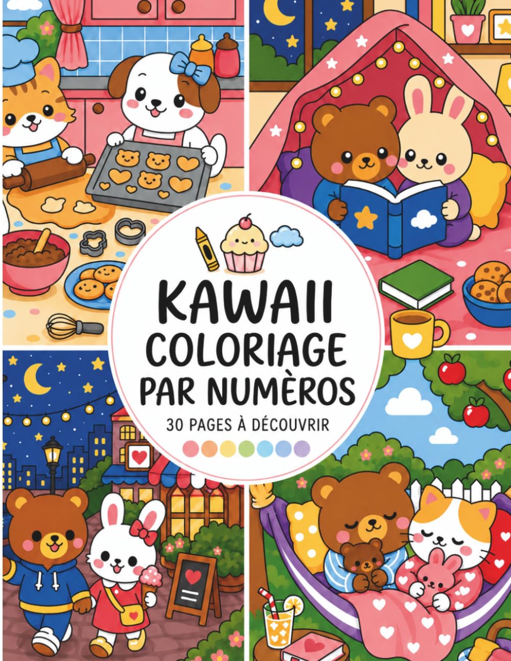 Coloriage par numéros - Kawaii: Livre de coloriage anti-stress avec 30 dessins numérotés adorables, animaux mignons et scènes cosy