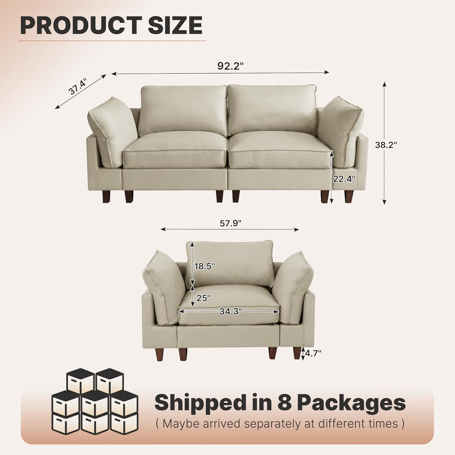 Modular Leather Sectional Couch Oversized Modular Sectional Sofa for Living Room, Scratch Resistant with Down-Filled Back Cushions Removable Washable Covers(2+1+1 Seats Beige)