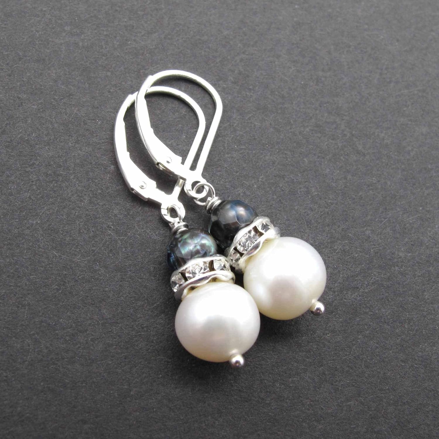 Black and White Cultured Pearl Drop Earrings with Clear Crystal and Sterling Silver Leverback (Black/White Pearls)
