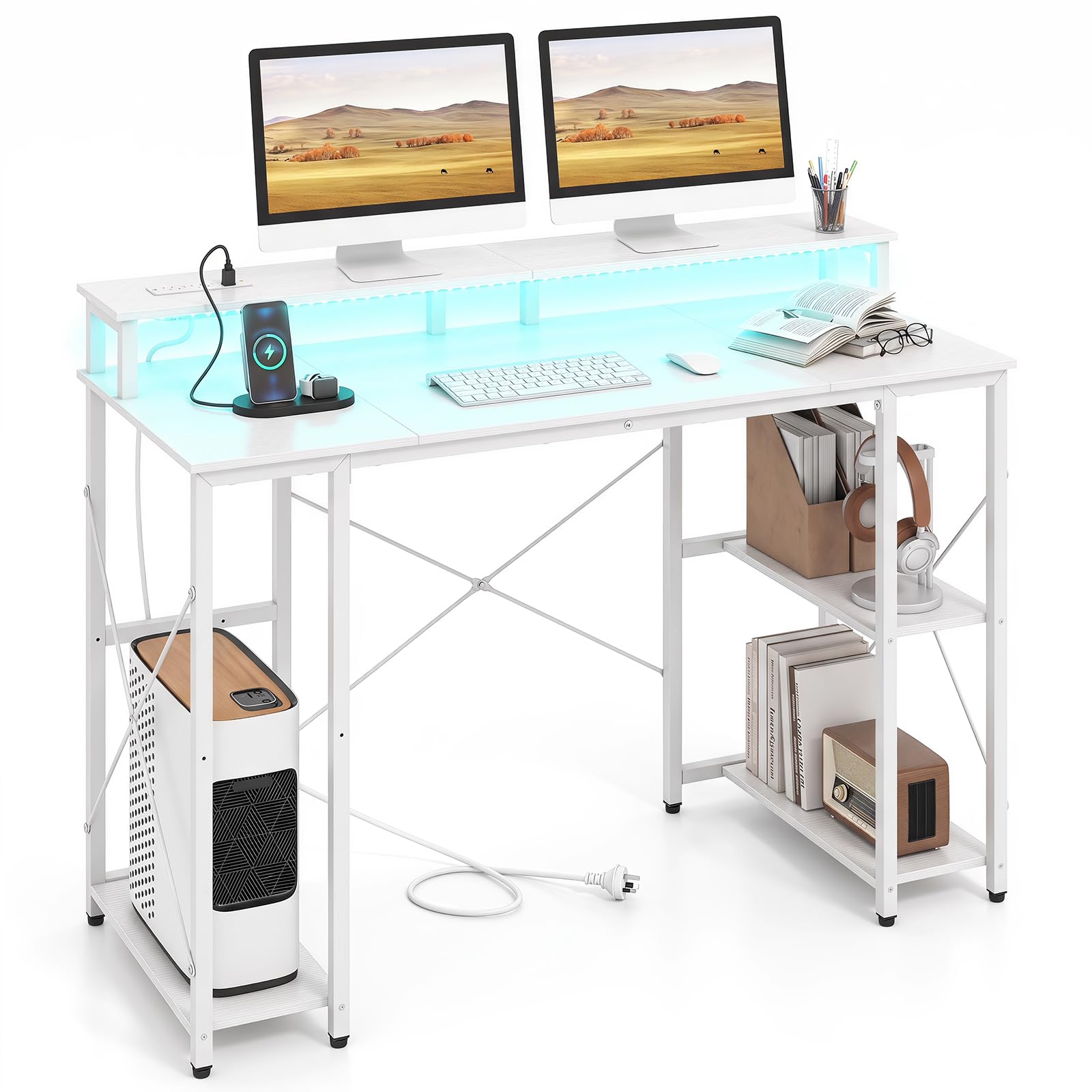 COSTWAY Stolik pod komputer z oświetleniem LED, gniazdka, stojak na monitor