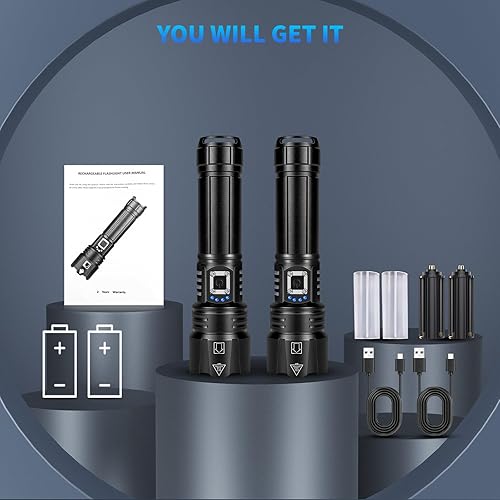 Miniatura 9 de Paquete de 2 linternas recargables de alto lúmenes, 990,000 lúmenes, linterna LED súper brillante con 5 modos y 12 horas de tiempo de funcionamiento