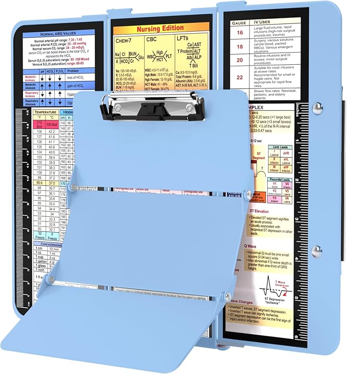 Nursing Clipboard Foldable, Foldable Clipboard w/Nursing Edition Cheat Charts,3 Layers Aluminum, Nurse Clipboard w/Low Profile Clip&Pen Clip Pocket Clipboard for Nurses and Doctors,Light Blue