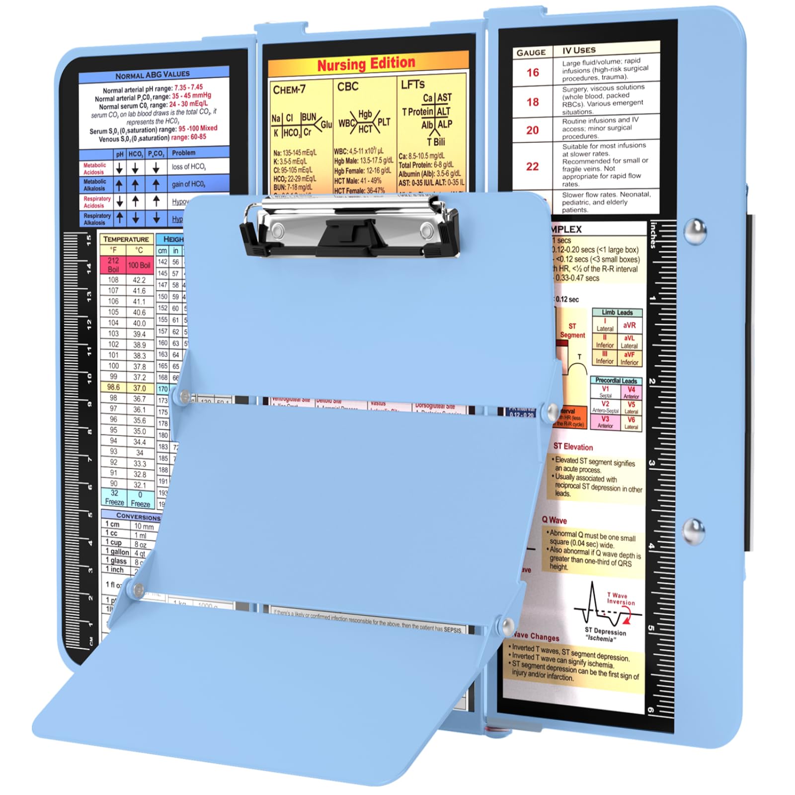 Nursing Clipboard Foldable, Foldable Clipboard w/Nursing Edition Cheat Charts,3 Layers Aluminum, Nurse Clip Board w/Low Profile Clip&amp;Pen Clip Pocket for Nurses and Doctors,Light Blue