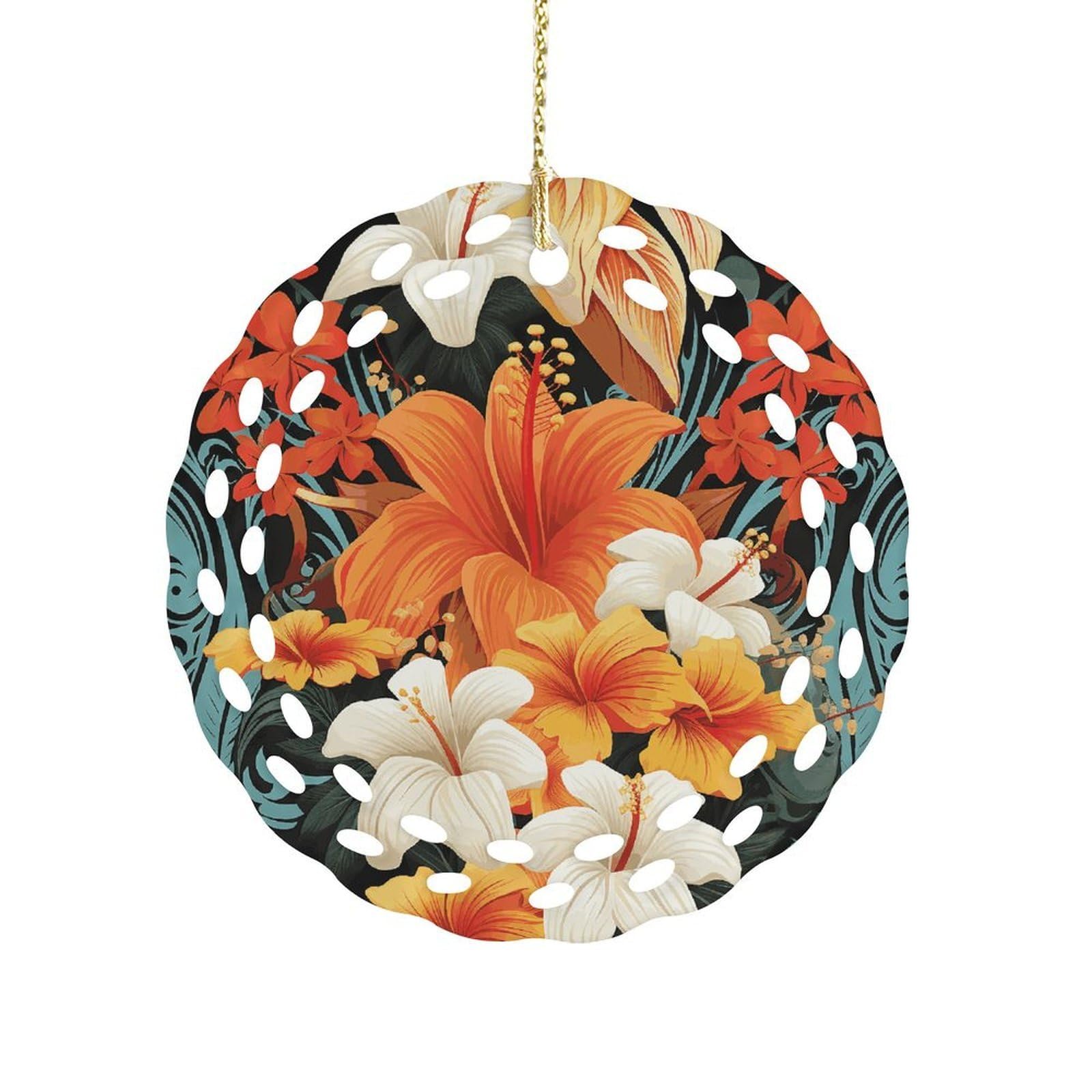 Fodpand Women's Style Flowers And Hawaiian Tribal Patterns On Black Background Ceramic Ornament For Home Decor 3.2" Round Tree Decoration Christmas Ornaments For Men Double-Sided Design