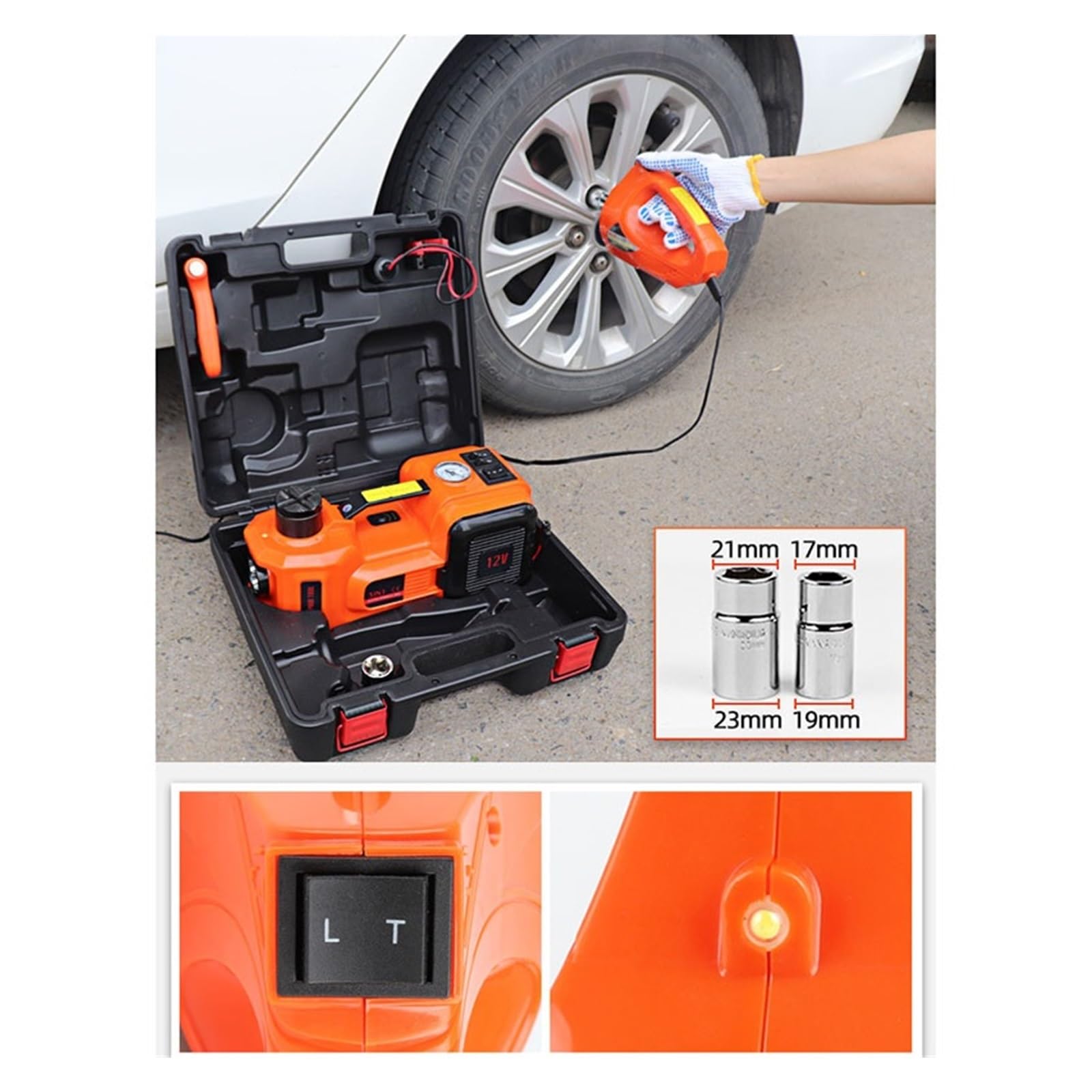12V 5Ton 45cm Podnośnik Samochodowy Do Opon Elektryczny Hydrauliczny Podnoszenie Inflator Latarka Bezpieczny Młotek 3 W 1 Szybkie łatwe Podnoszenie(Jack and wrench)