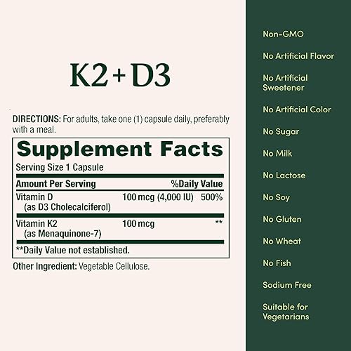 Miniatura 5 de Nature's Bounty Suplemento de vitamina D3 K2, 4000 UI de vitamina D3 más 100 mcg de vitamina K para apoyo a la salud cardíaca y ósea, suministro de