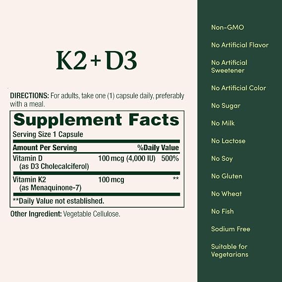 Nature's Bounty Supplement, 4000 IU Vitamin D3 Plus 100 mcg of Vitamin K Supplements for Adults for Heart & Bone Health Support, 60 Day Supply, 60 Vegetarian Capsules (Pack of 2)