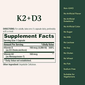 Nature's Bounty Supplement, 4000 IU Vitamin D3 Plus 100 mcg of Vitamin K Supplements for Adults for Heart & Bone Health Support, 60 Day Supply, 60 Vegetarian Capsules (Pack of 2)
