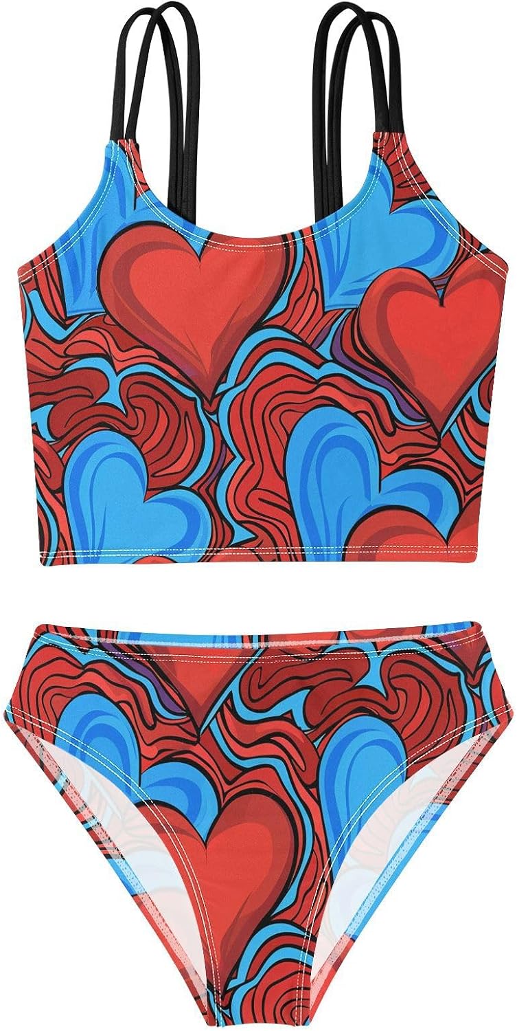 visesunny Girls Two Piece Swimsuits Red Blue Heart Graphics Girl's Bikini Sets Bathing Suits for Girls Size 5-12Y