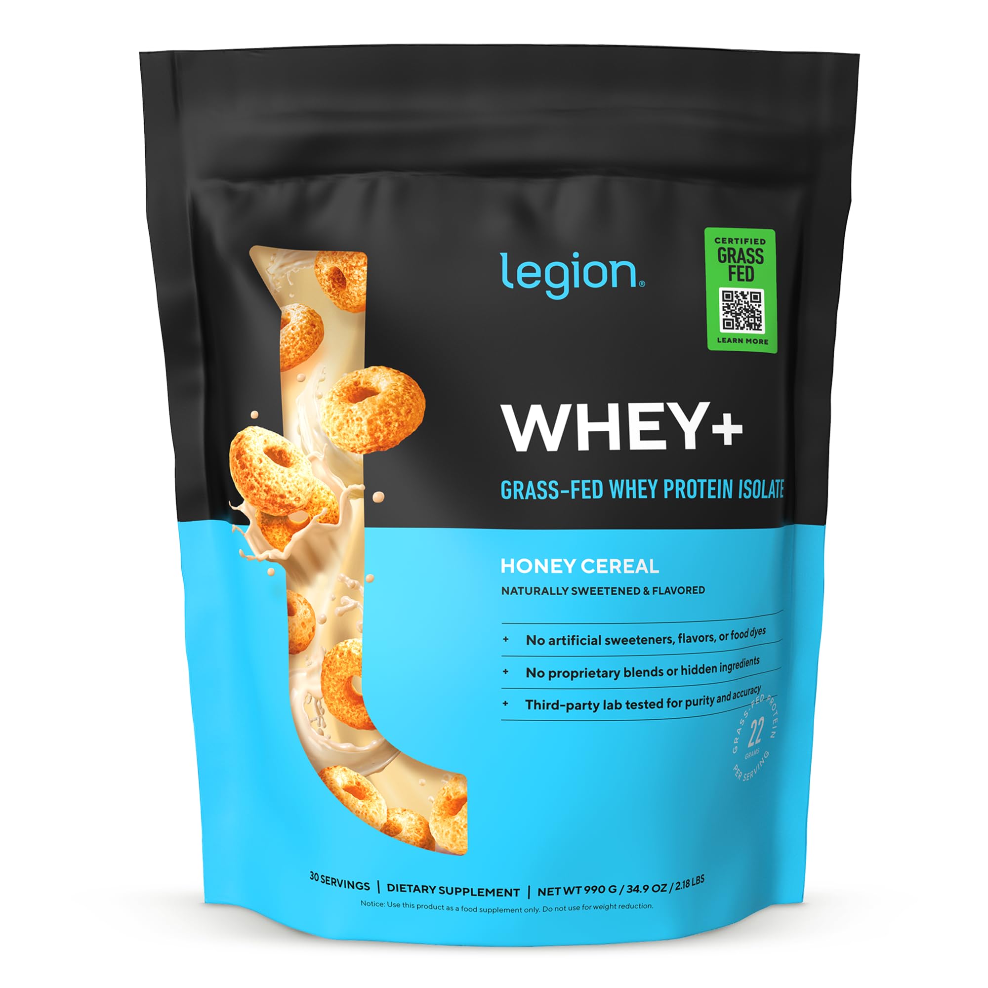 LEGION Whey+ Protein Whey Isolate from Grass Fed Cows (Honey Cereal, 30 Servings) - Whey Protein Isolate Powder Low Calorie, Non-GMO, Sugar Free, Lactose and Gluten Free, All Natural Protein Powder