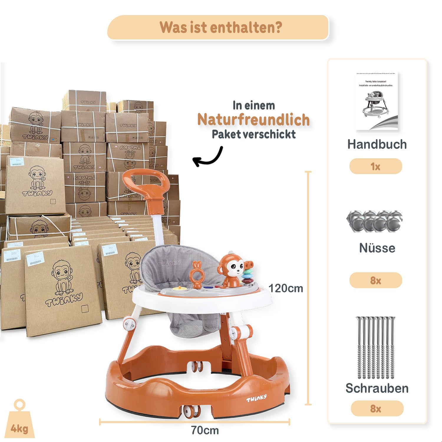Twinky® Lauflernwagen mit Spielset & Bodenmatte - Robuste 4-fach verstellbare Vorschul-Lauflernhilfe - Ideal als Gehhilfe für die ersten Schritte Ihres Kleinen (Braun)