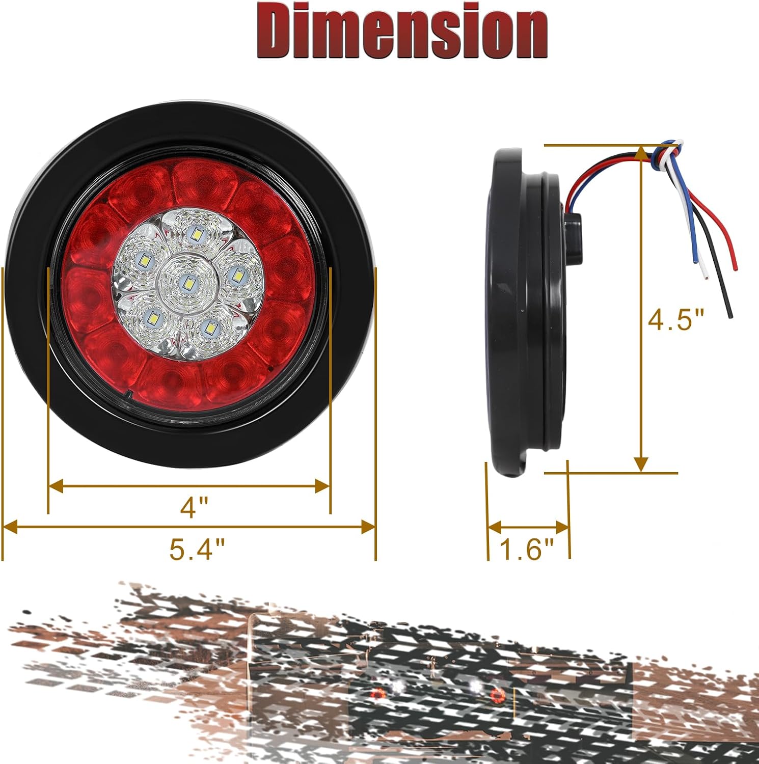 4PCS 4" Round LED Trailer Tail Lights 16LED with Rubber Grommet Sealed Waterproof IP67,Brake Stop Running Reverse Signal Lamps for RV Trailer Trucks Van