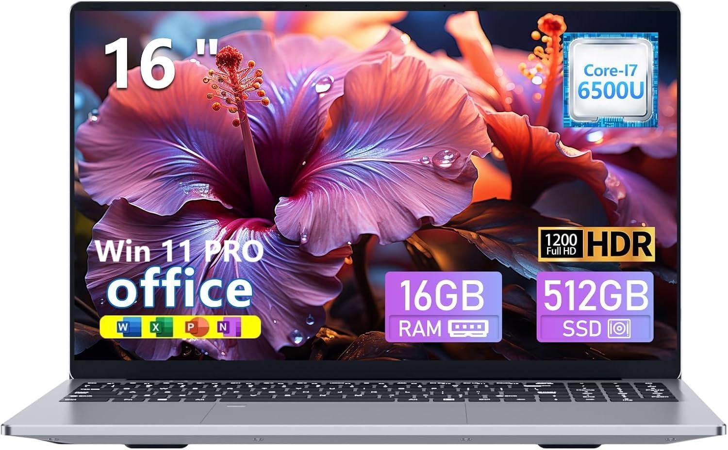 KUMNOSAL 16 inch Laptop with i7-6500U, Laptop Computer 16GB RAM 512GB SSD | UHD Graphics, Win 11 Pro, 180°Open, FHD 1200, Type-C, WiFi5, BT5.0, Mini HDMI, Backlit Keyboard Fingerprint Unlock Laptops