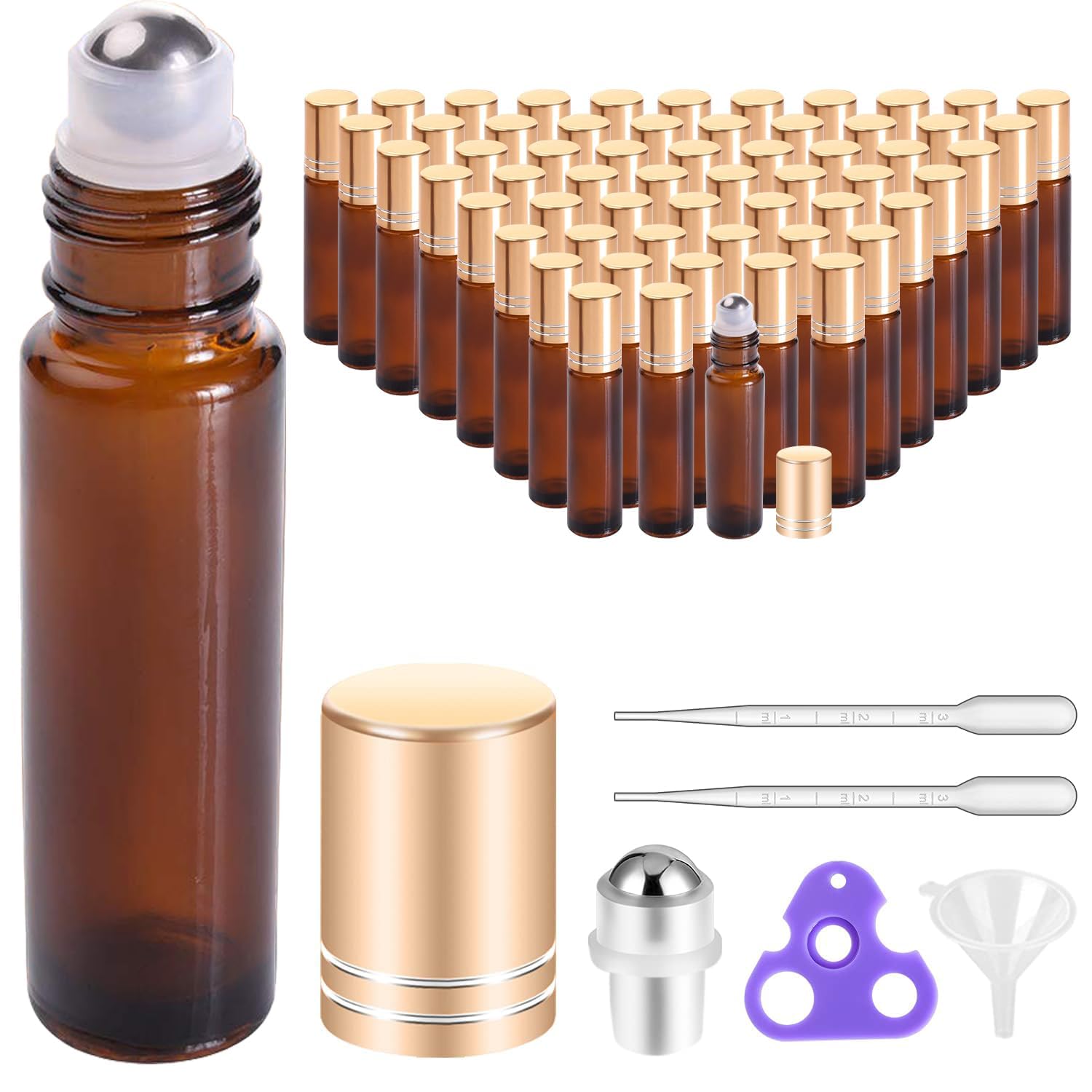 PrettyCareRoller Bottles For Oils 10 ml (Amber Glass, 60 Pack, 10 Extra Stainless Steel Balls, 72 Labels, 4 Opener, 4 Funnels Essential Oil Roller Bottles, Roller on Bottles