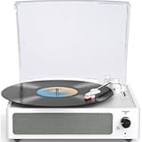 WOCKODER Vinyl Record Player with Speakers Turntable Belt-Driven Turn Table Support 3-Speed 3 Size BT Wireless Playback Headphone AUX-in RCA Line LP Phonographs Audio for Beginner Classic Pure White