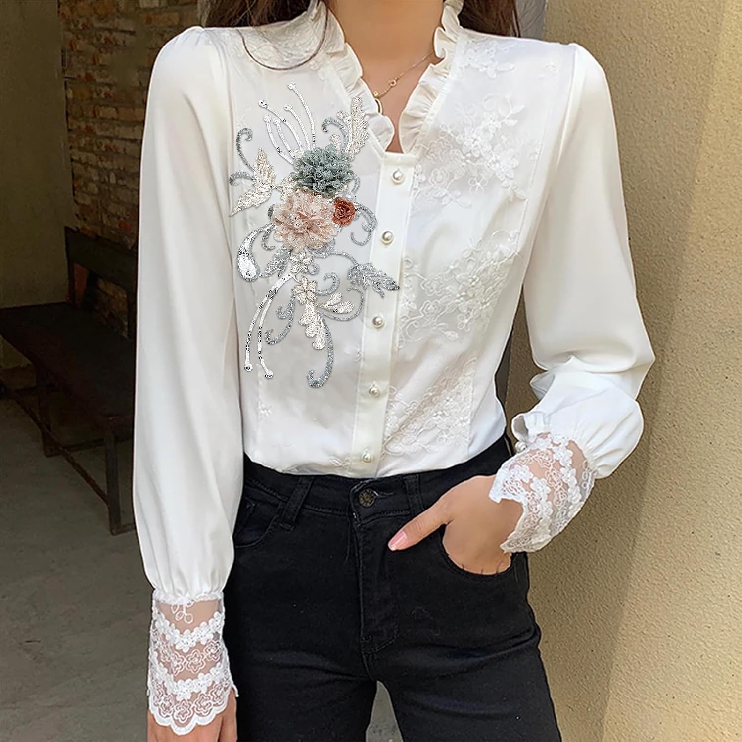 2 PCS 3D Embroidered Beaded Flower Fabric Lace Applique, Sequin Pearl Sew on Patches Colorful Appliques Embellishments, Floral Patch for Bridal Dress Clothing DIY Crafts
