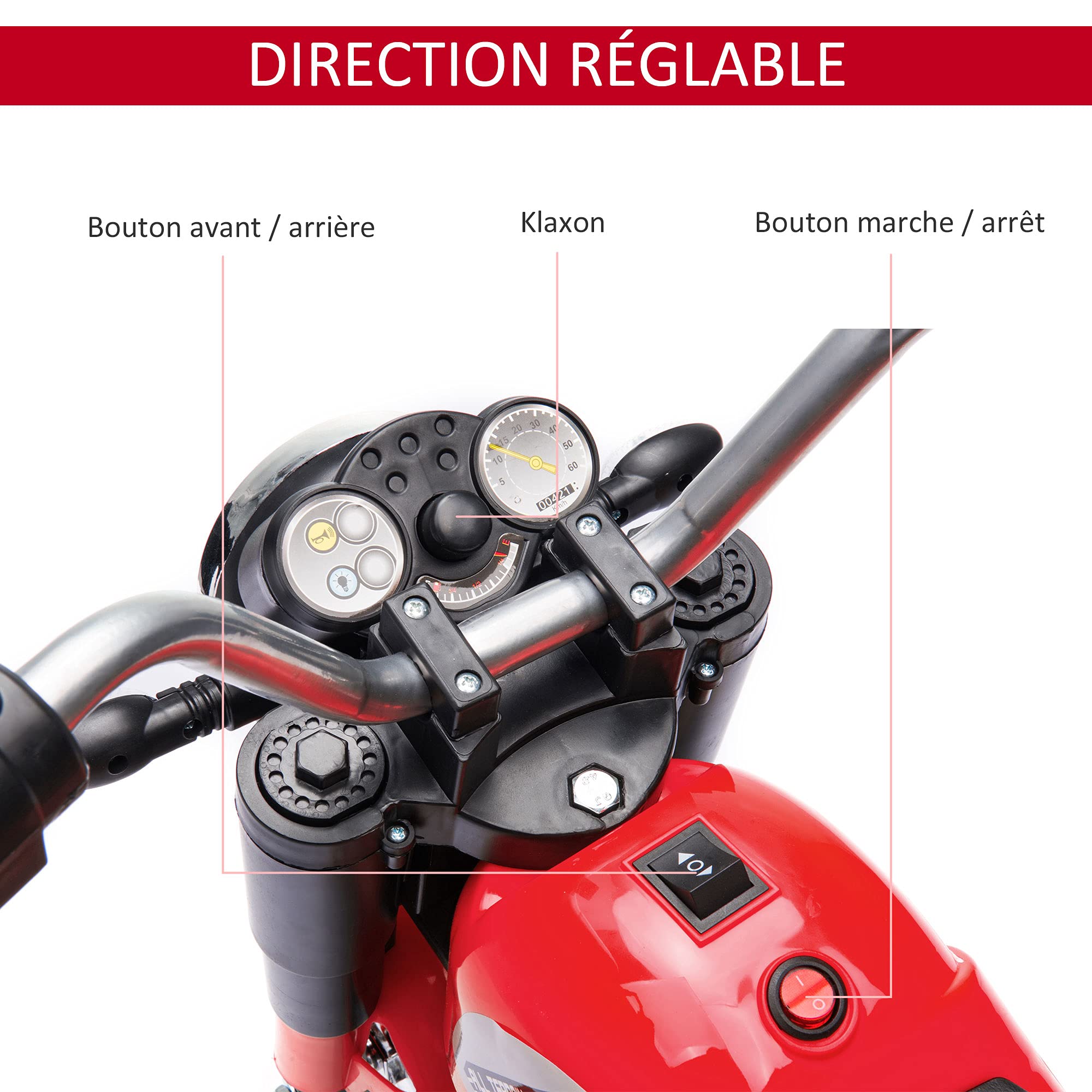 HOMCOM Moto Électrique Enfant Chopper Tout-Terrain 6 V 20 W Rouge Noir | Marche AV AR, 3 Roues, Effets Lumineux et sonores