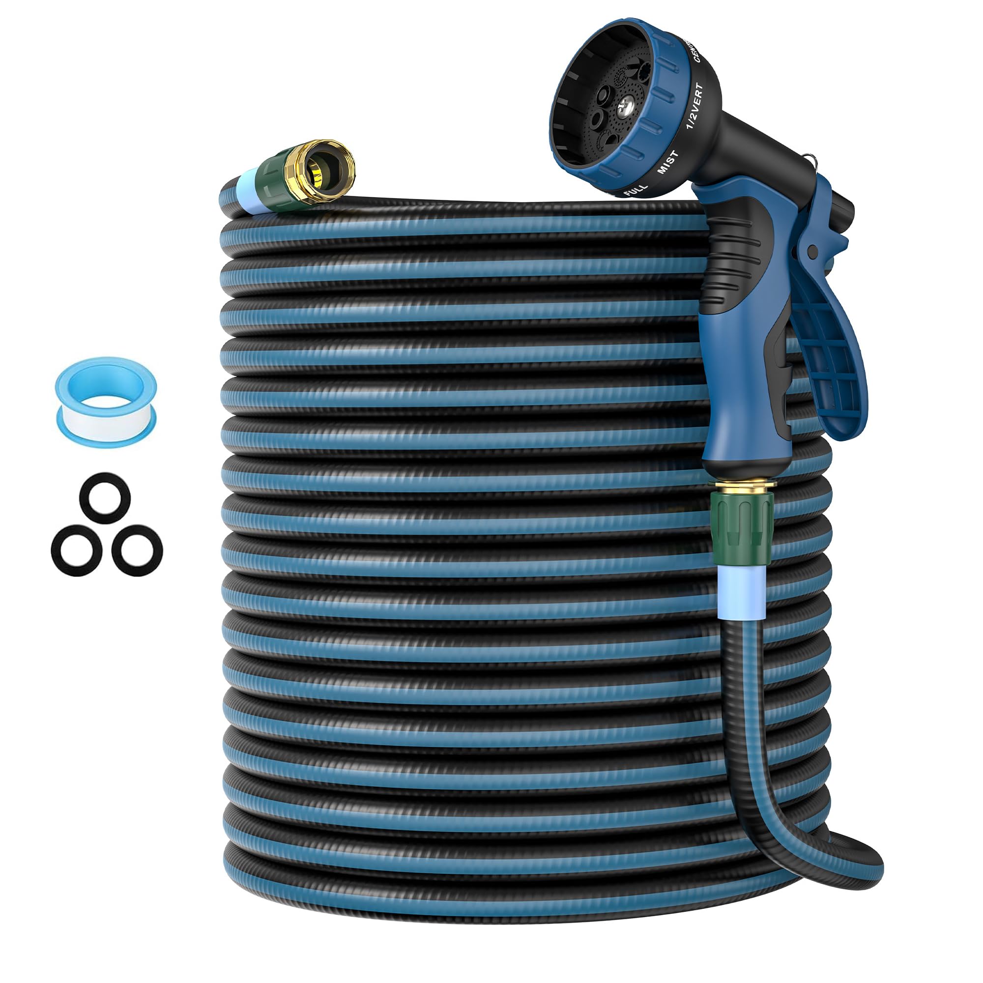 Heavy Duty Non-Expanding Garden Hose 100ft - Durable Reinforced Water Hose with Leak-Proof Construction ， Kink-Resistant, TPV material, 10-Function Spray Nozzle, 3/4" Connector & Portable Strap（100FT)