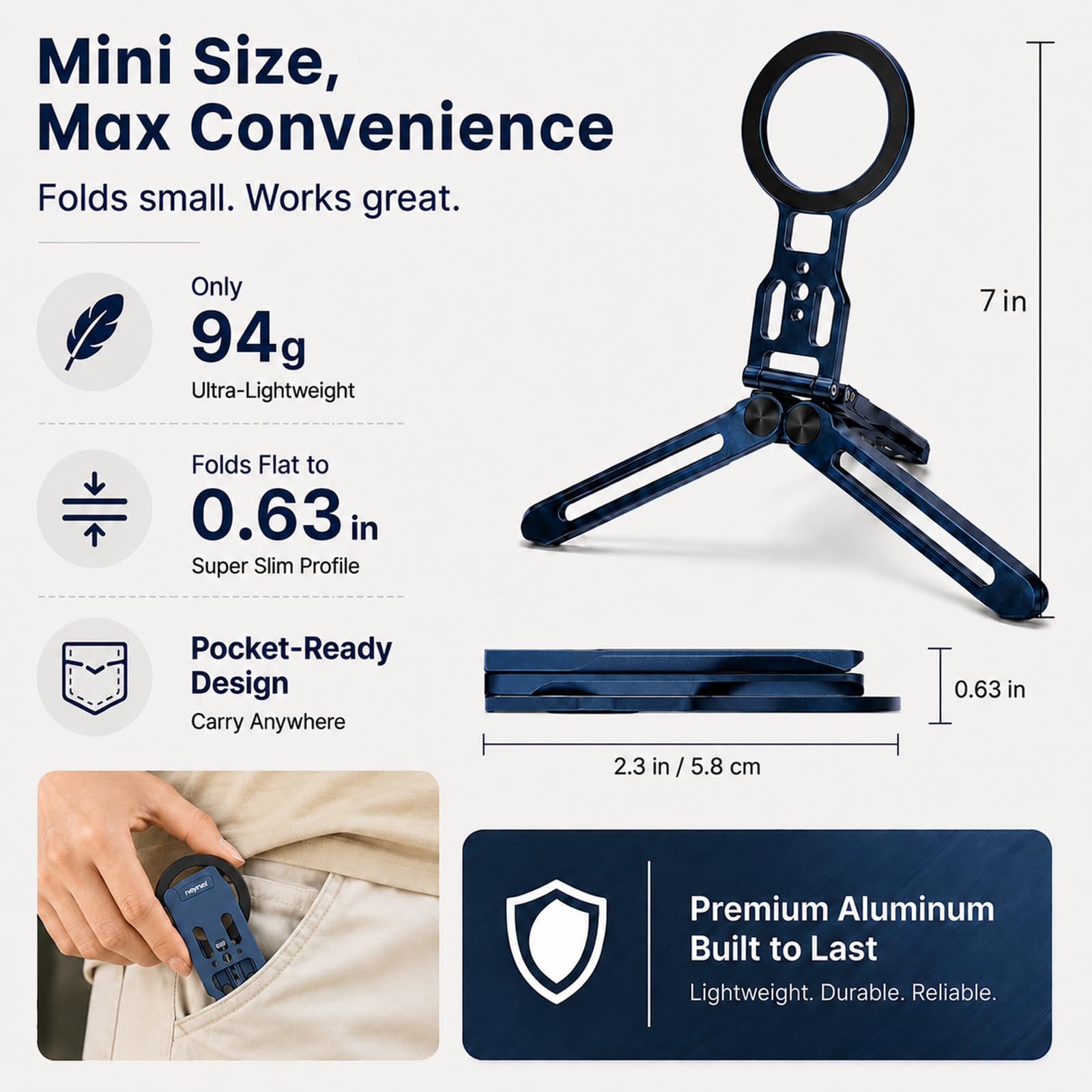 Supporto Magnetico per Smartphone con Gancio Nascosto, Pieghevole/in Alluminio Treppiede Smartphone, Treppiede Magnetico per telefono, Compatibile con iPhone 17-12 e attacco Arca-Swiss