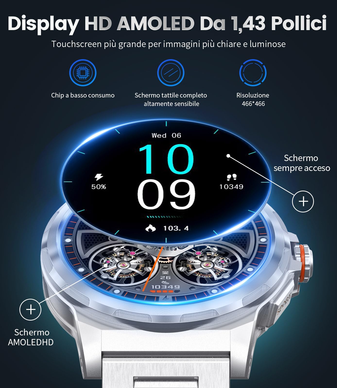 LIGE Orologio Smartwatch Uomo, 1.43" HD, IP68, 120+ sport, Bluetooth | AMOLED Display, 360mAh Batteria, Monitor Salute 24/7, Chiamate e Notifiche, Compatibile Android/iOS