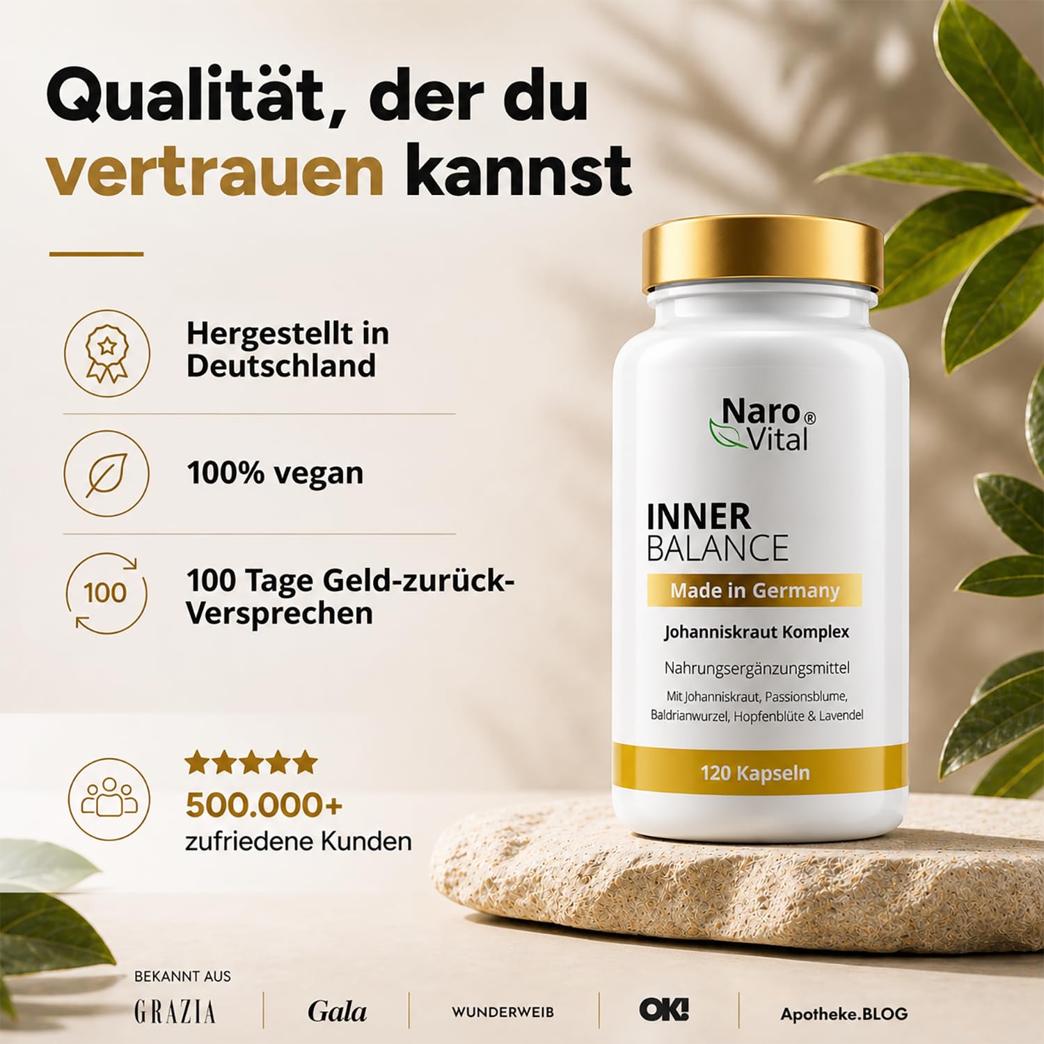 Inner Balance - Johanniskraut Komplex mit Passionsblume, Baldrian, Hopfen & Lavendel Extrakt - Kapseln hochdosiert Anti Stress, Stimmungsaufheller & Beruhigungsmittel - 120 Kapseln für 2 Monate
