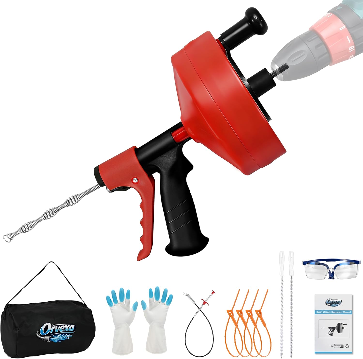 Drain Snake 25 Ft with Drill Attachment, Auto Feed 1/4 Inch Plumbing Snake for Sink, Shower & Tub Clogs, Manual or Drill-Powered Drain Auger, with Gloves, Safety Glasses & Storage Bag