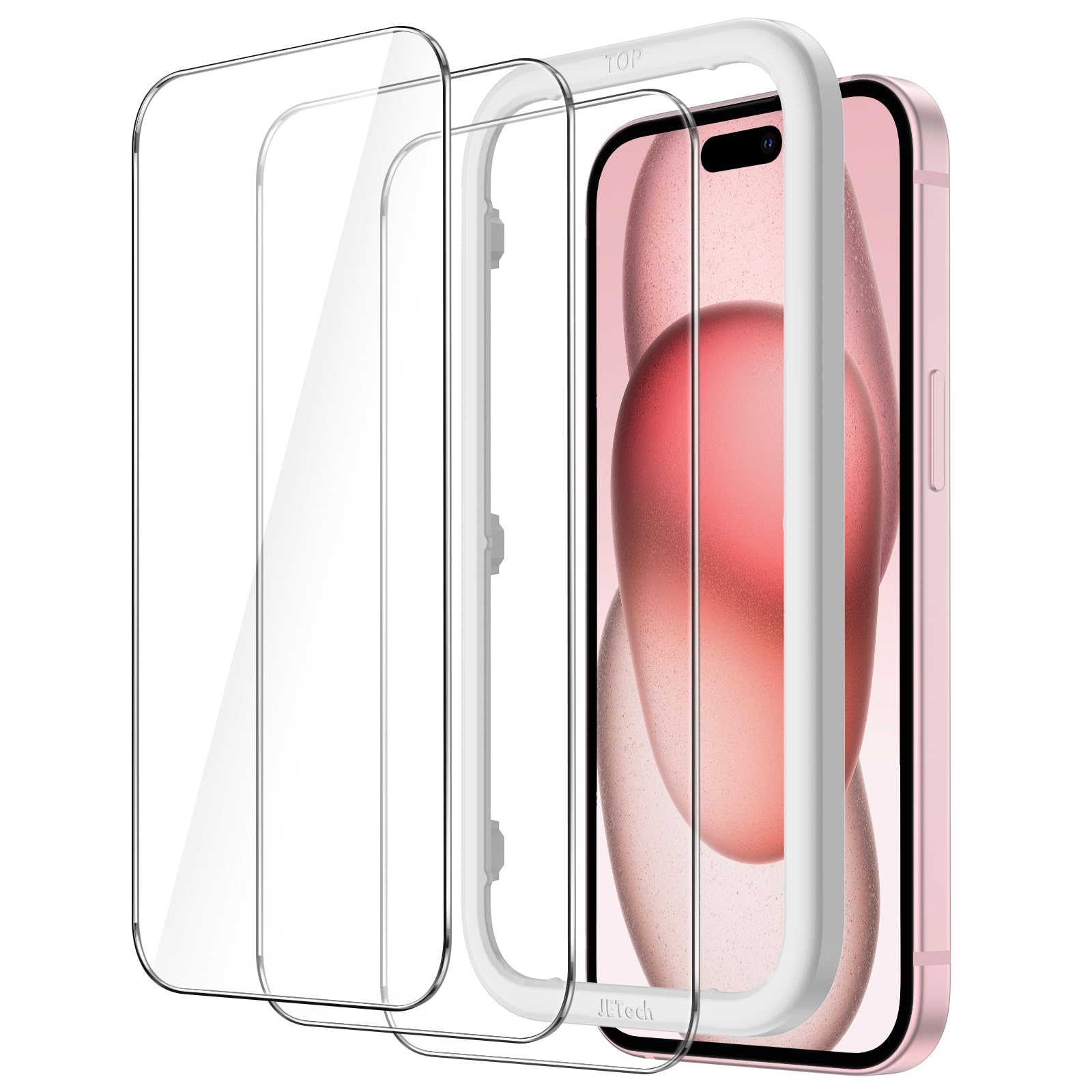 JEDirect iPhone 15 (6.1 inch) Protective Film, Tempered Glass Film with Guide Frame, No Interference, HD Clear, Set of 3
