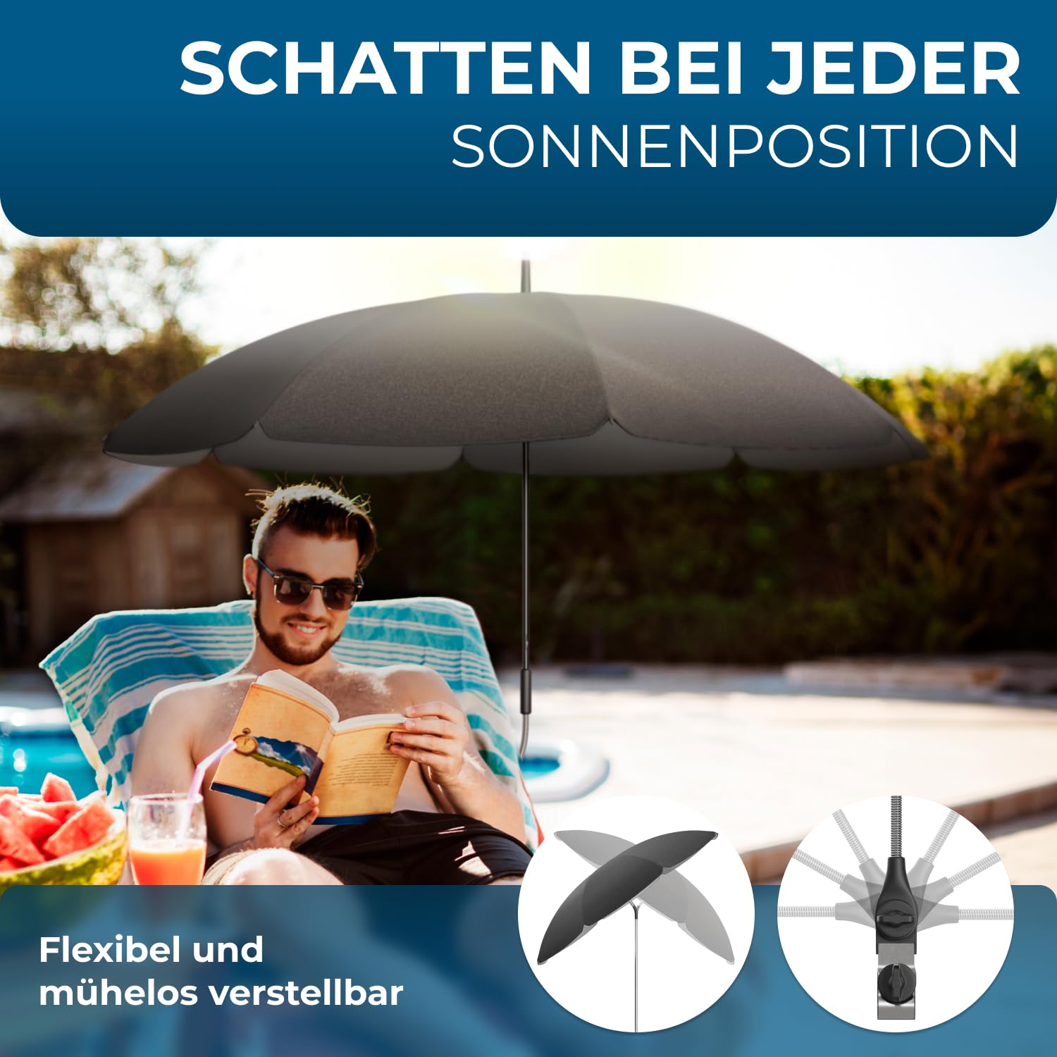 STYNGARD Stuhl Sonnenschirm für Liegestuhl mit UV Schutz 50+ / 120 cm Kuppelmaß mit Überhang - Klemmschirm Campingstuhl - Schirm für Stuhl mit Universal-Klemme Modell SAN FRANCISCO
