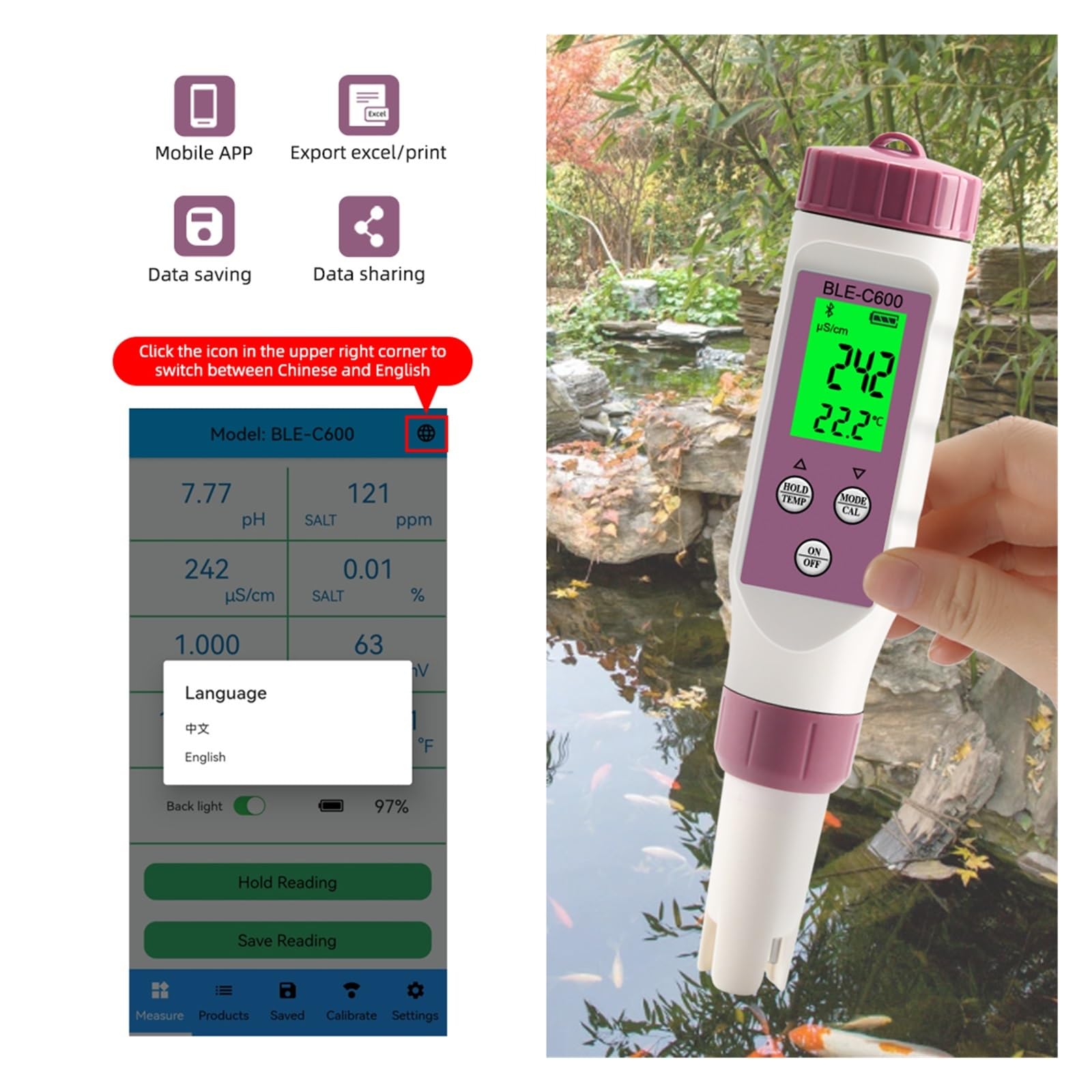 Tester miernika PH, 7 w 1 temperatura ORP EC TDS zasolenie SG miernik PH Online Blue Tooth tester jakości wody kontrola aplikacji do akwarium laboratoryjnego do picia,Woda pitna, Hydroponika, SPA, Br