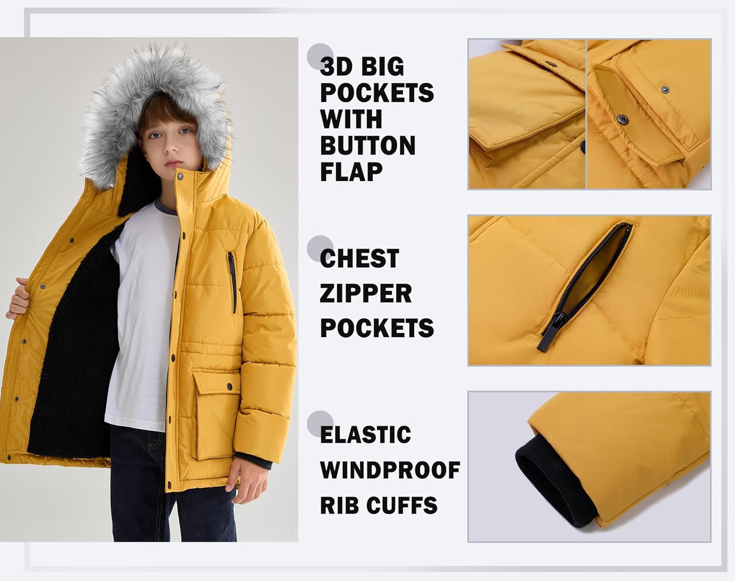 maoo garden Boys Puffer Winter Coat Big Kids Heavyweight Sherpa Lined Fur Hooded Jacket Water-Resistant Snow Parka - Image 6