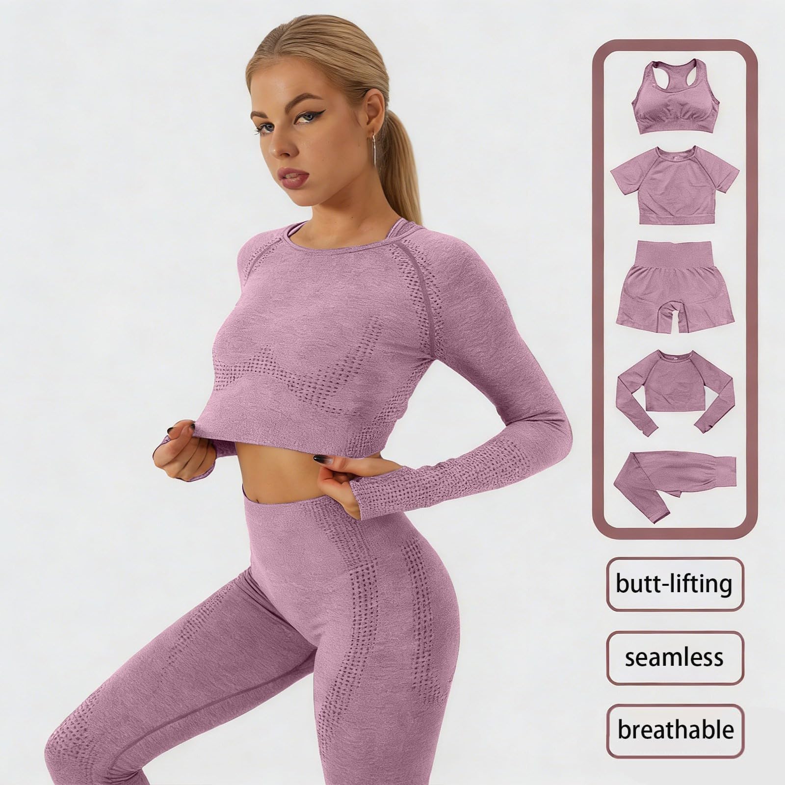 Generisch Set da yoga da donna, 5 pezzi, senza cuciture, con leggings, pantaloncini, reggiseno sportivo e magliette, set completo di abbigliamento sportivo per palestra