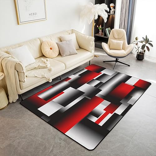 jejeloiu Alfombra geométrica negra y roja de 5 x 7 pulgadas, diseño 3D, arte abstracto, para sala de estar, dormitorio, geometría, rectangular,