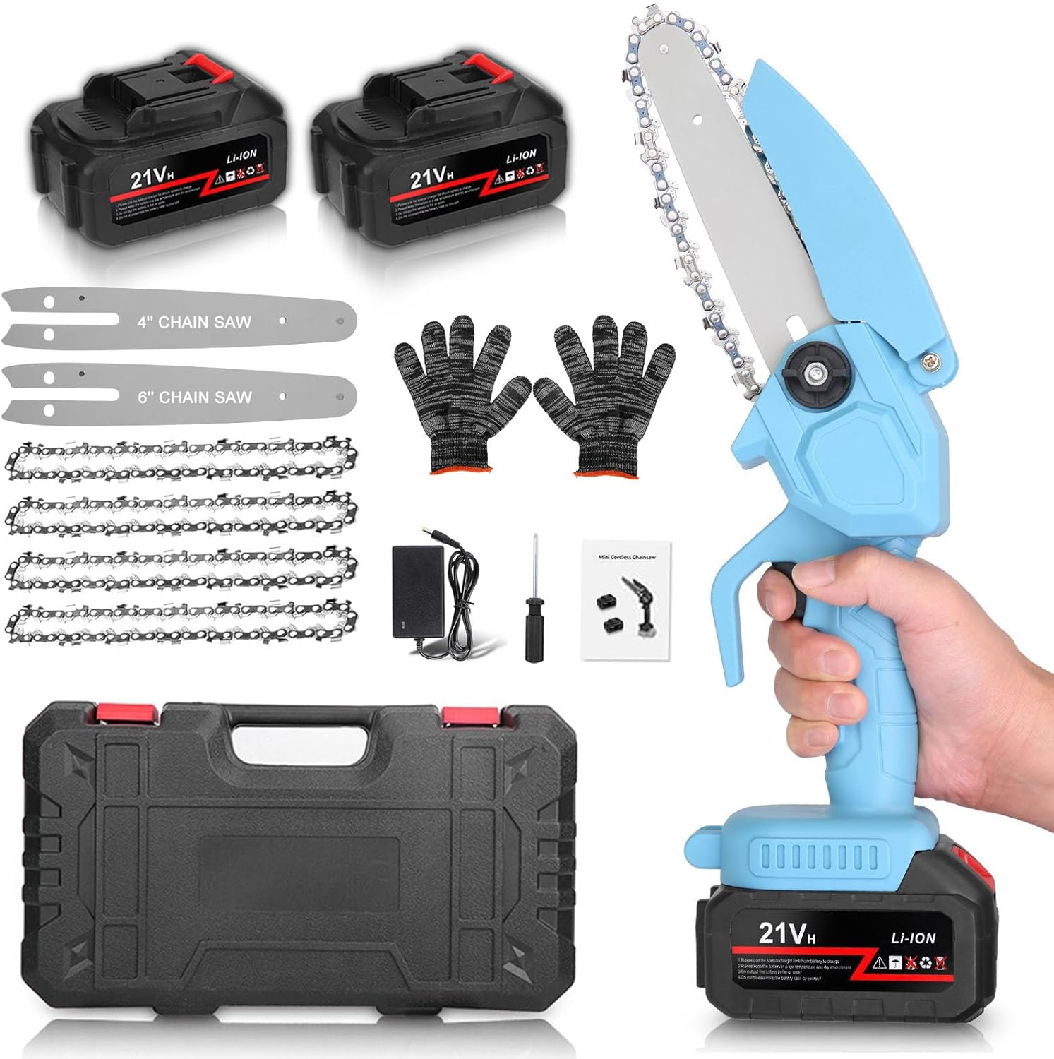 Mini Chainsaw, 6 & 4 Inch Cordless Mini Chainsaw with 2 Pack 21V 2200mAh Batteries, Replacement Chain and Safety Lock, 28FT/S Speed, Upgraded Portable Handheld Electric Chainsaw for Wood Tree Cutting