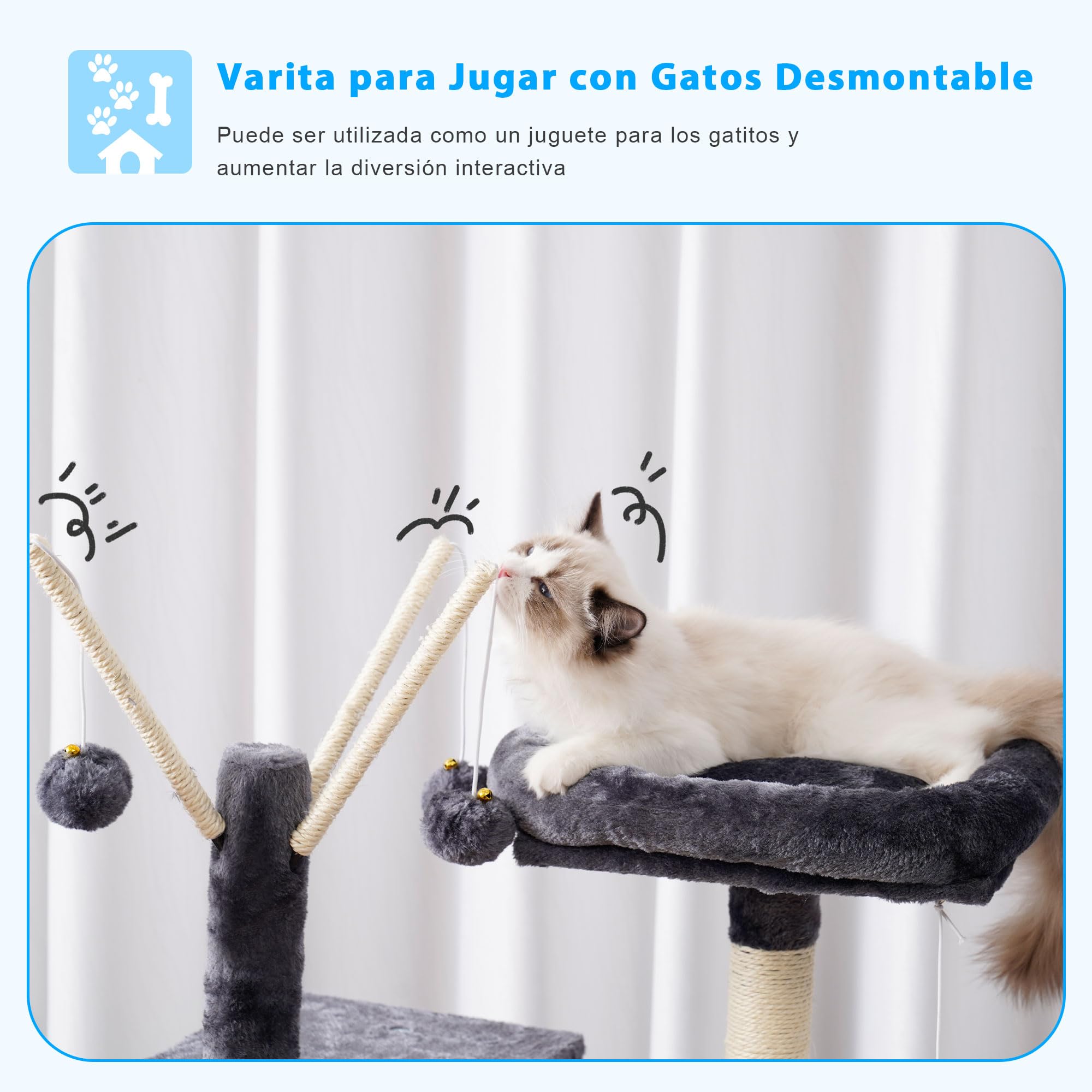 Hey-brother Árbol rascador de 135 cm, para Interior, con Plataforma Acolchada, Pelota de Juguete, Cuevas, Hamaca y sisal, Color Gris Ahumado MPJ019-SG