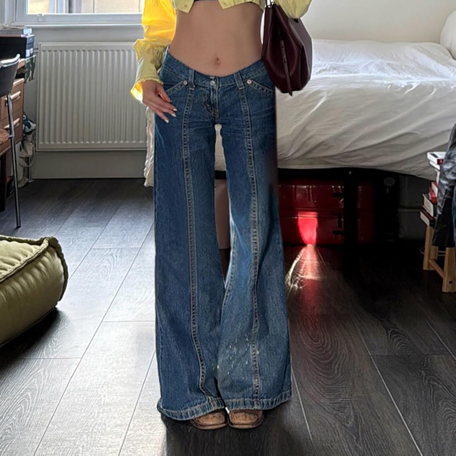 Low Rise Flare Jeans for Women Y2k Vintage 90s Bell Bottom Denim Pants Seam Front Baggy Jean Trousers with Pockets - Image 5