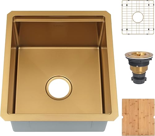 Lonsince Fregadero de barra de montaje inferior, fregadero de barra dorada de 17 x 19 pulgadas, fregadero pequeño de RV, fregadero de bar y