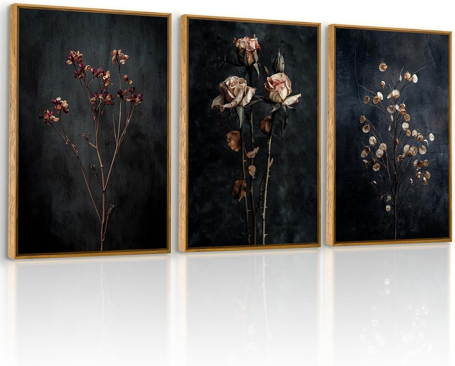 QTUSYUR Dark Dried Wildflower Wall Art - Large Farmed Floral Botanical Art Print - Farmhouse Flower Canvas Artwork for Bedroom Living Room- Modern Minimalist Wall Pictures for Home Decor 16”×24”×3