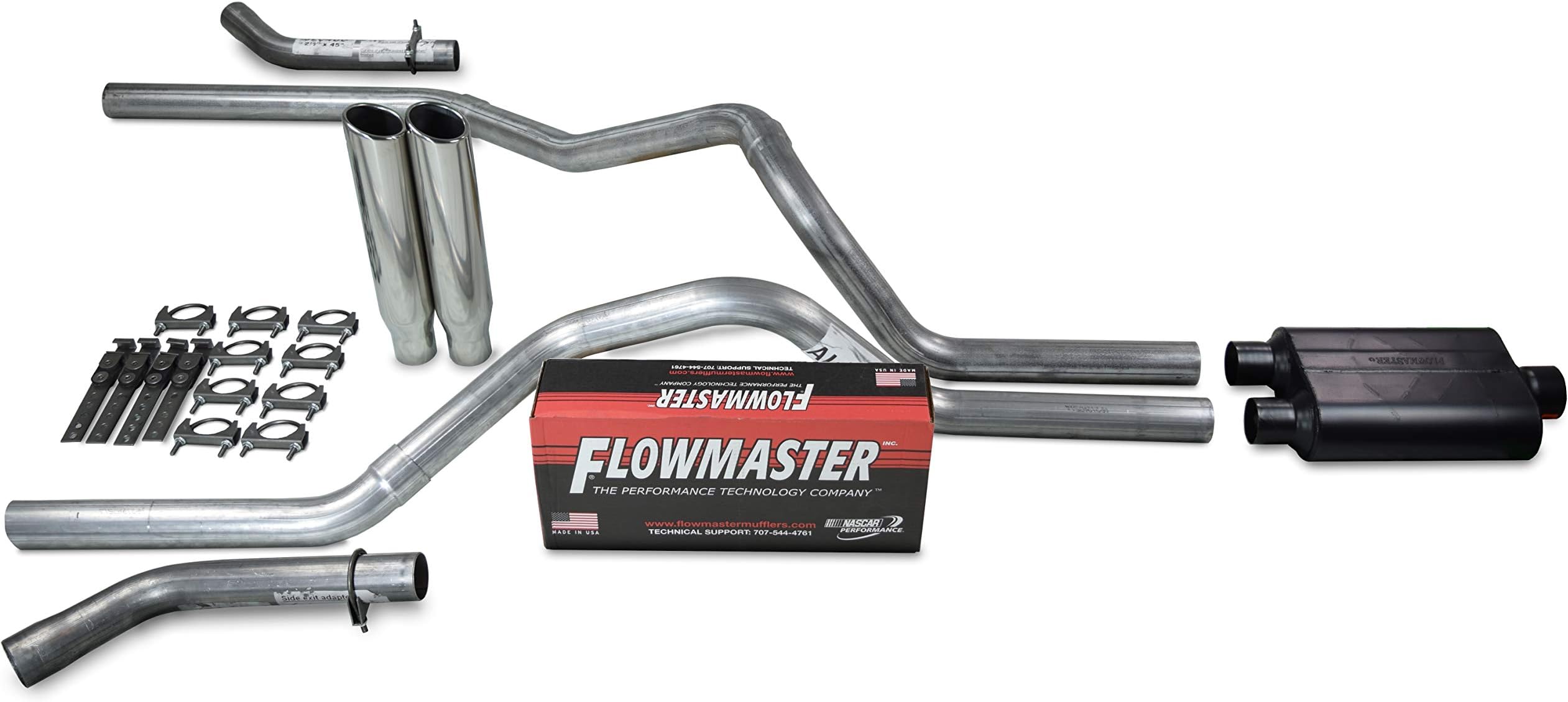 Truck Exhaust Kits - Shop Line dual exhaust system 2.5 AL pipe Flowmaster Super 44 2.5" Polished Rolled Edge Clamp on Tip Corner exit
