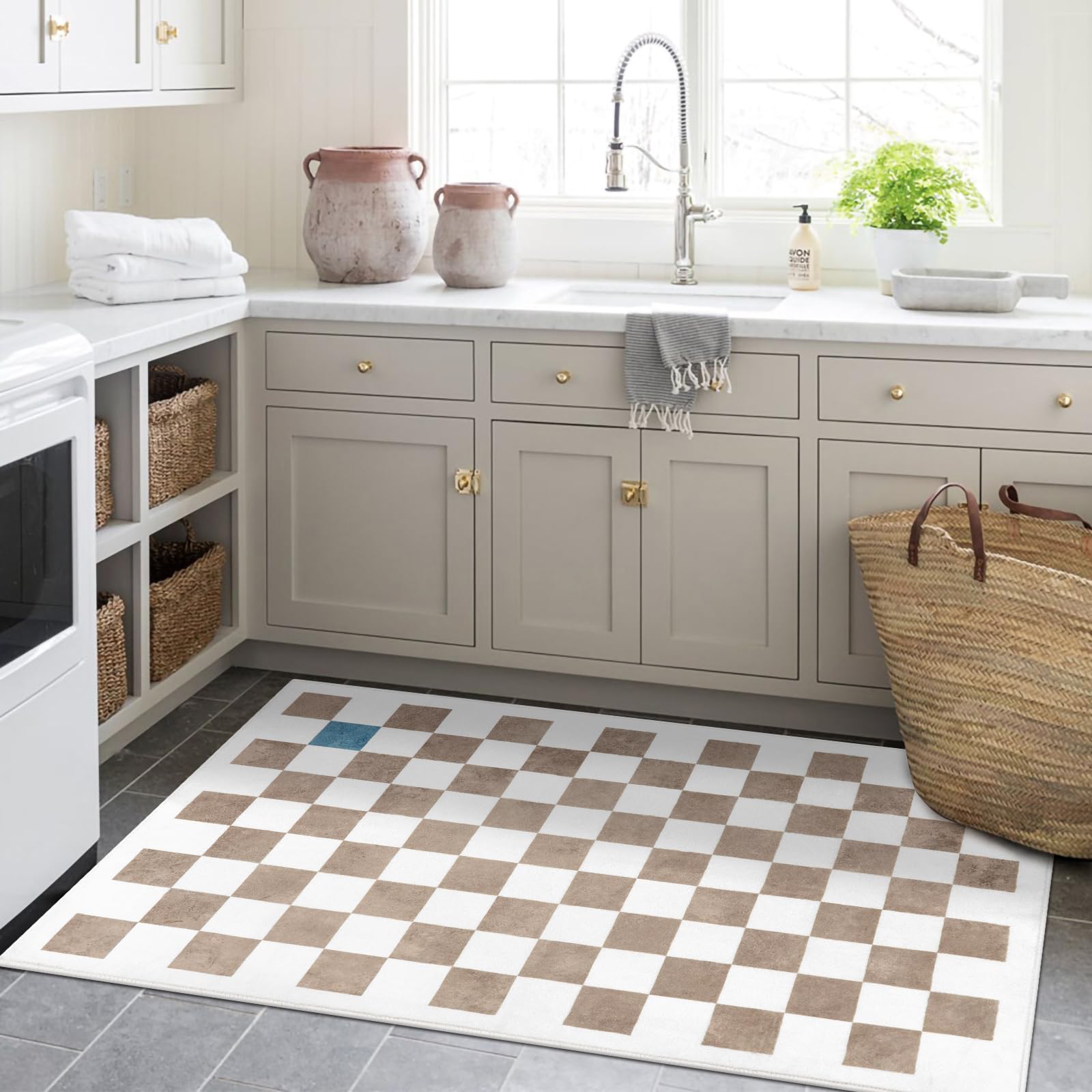 Wonnitar Modern Checkered Washable 3x5 Rug,Moroccan Checkerboard Khaki Bedroom Area Rug,Non-Slip Soft Nursery Throw Mat,Geometric Indoor Floor Carpet for Kids Room Office Coffee Table