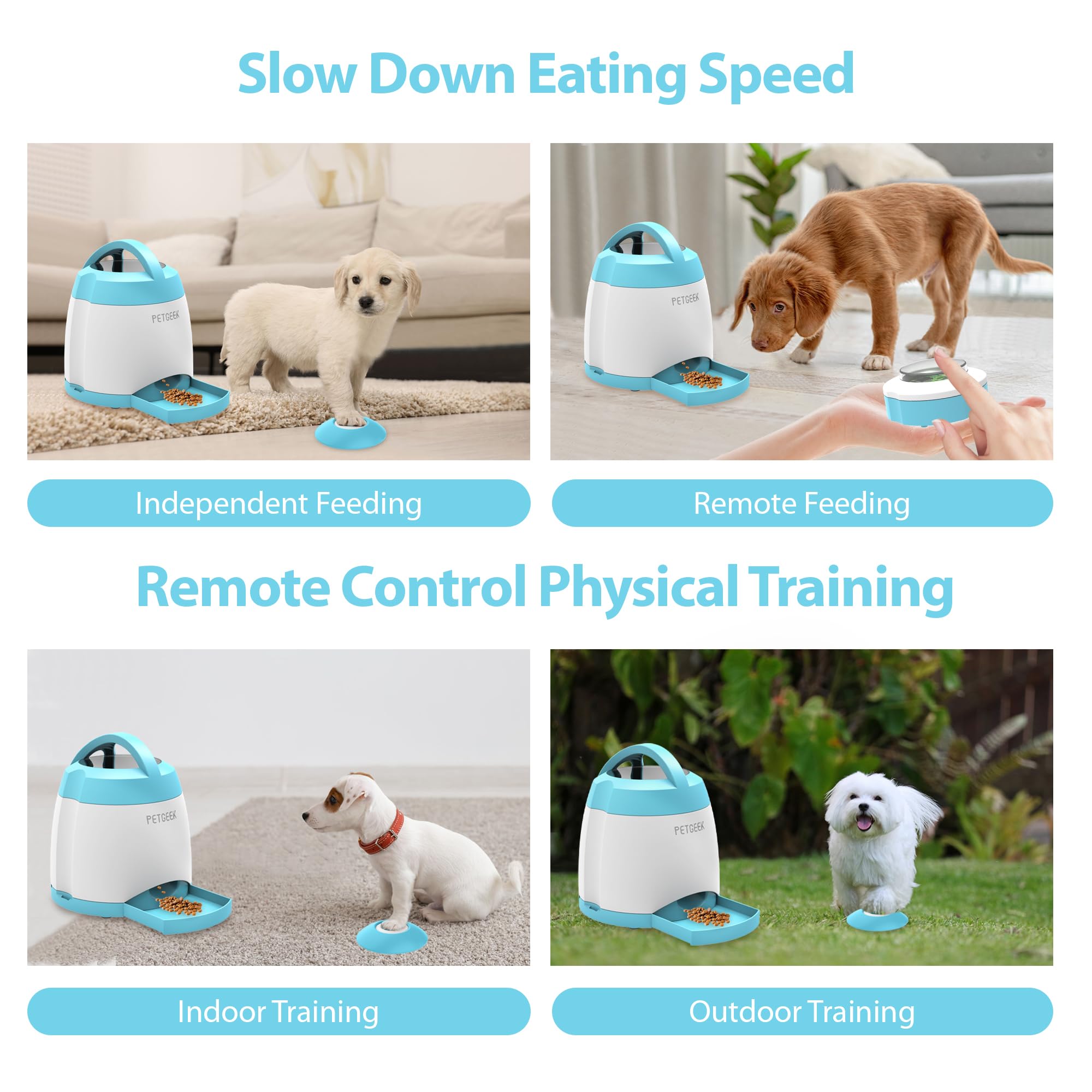 PETGEEK Automatischer Leckerli-Spender für Hunde, Puzzle-Memory-Training, Aktivitätsspielzeug, IQ-Training, Hunde-Knopf-Futterspender, Fernbedienungstaste, Leckerli-Spender für Hunde (Upgrade Blau)