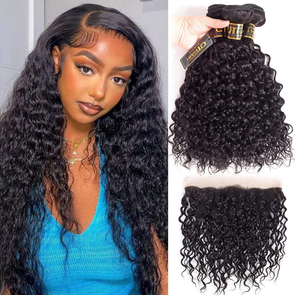 QTHAIR 18A Brazilian Curly Human Hair Bundles with Frontal(20 18 16+14,Natural Black) Best Virgin Brazilian Culry Human Hair Water Wave Lace Frontal