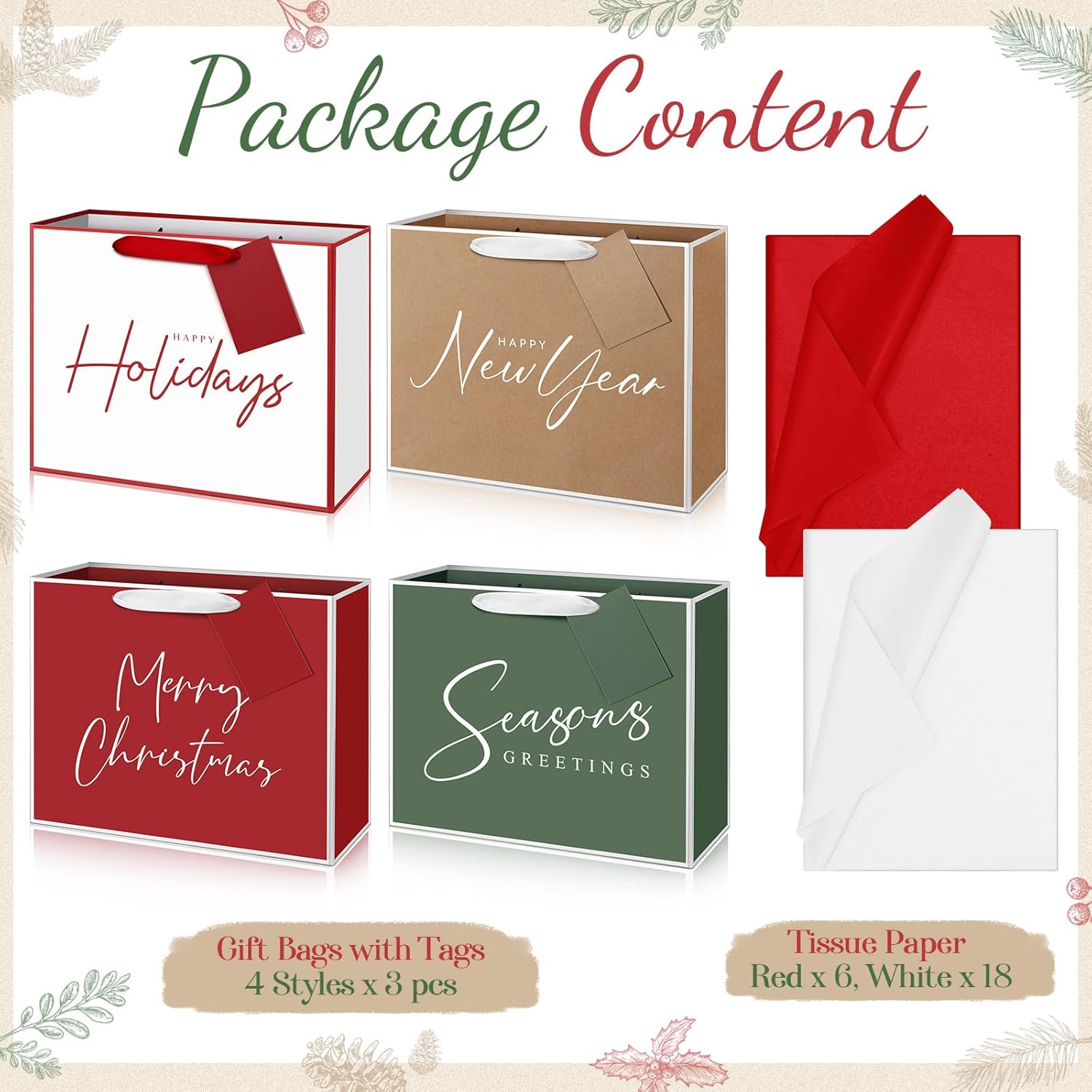 Aliceset 12 Pack Rustic Christmas Gift Bags with Tissue Paper and Tags Simple Assorted Red Green White Merry Christmas Gift Bags Presents Wrapping for Holiday New Year, 11.8 x 10 x 4